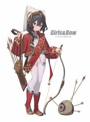 Rule 34 | 1girl, absurdres, arrow (projectile), bilibili xiaolu, black hair, bow (weapon), braid, closed mouth, english text, full body, green eyes, hair between eyes, highres, jacket, jewelry, long hair, long sleeves, looking at viewer, original, pointy footwear, quiver, red footwear, red jacket, ring, sash, simple background, single braid, solo, standing, thighhighs, weapon, white background, white thighhighs