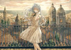 Rule 34 | 1girl, ankle boots, architecture, bare shoulders, blush, boots, bouquet, cityscape, closed mouth, detached collar, dress, floating hair, flower, hand up, highres, holding, holding bouquet, horizon, ironwork, light smile, long hair, looking away, one side up, original, outdoors, railing, rooftop, saijou yukina, scenery, sleeveless, sleeveless dress, solo, spire, standing, sundress, sunset, tower, town, very long hair, wavy hair, white dress, white flower, white footwear, yellow eyes