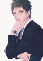 Rule 34 | 1boy, black hair, bluesy, dress, formal, highres, jacket, jewelry, long sleeves, looking at viewer, male focus, naruto (series), necktie, red eyes, ring, scar, scar on face, sharingan, shirt, short hair, solo, spiked hair, uchiha obito, watch, white shirt, wristwatch