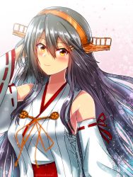 Rule 34 | 1girl, absurdres, anniversary, bare shoulders, black hair, blush, detached sleeves, hair ornament, hairclip, hand in own hair, haruna (kancolle), haruna kai ni (kancolle), headgear, highres, kantai collection, long hair, looking at viewer, nontraditional miko, ribbon-trimmed sleeves, ribbon trim, roko roko (doradorazz), sarashi, smile, solo, twitter username, upper body, wide sleeves