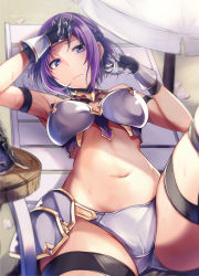 Rule 34 | 1girl, arm strap, armor, armpits, bare shoulders, beach, beach chair, beach umbrella, bikini, bikini armor, black gloves, braid, breastplate, breasts, closed mouth, collarbone, commentary request, cowboy shot, crown braid, faulds, frown, gauntlets, gloves, grey bikini, groin, helm, helmet, highres, jun (princess connect!), jun (summer) (princess connect!), knee up, large breasts, looking at viewer, lying, midriff, navel, okusan4645, on back, parted bangs, princess connect!, purple eyes, purple hair, seashell, shadow, shell, short hair, sidelocks, solo, sweat, swimsuit, table, thigh strap, umbrella