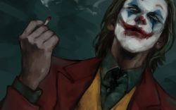 Rule 34 | 1boy, batman (series), cigarette, closed mouth, clown, collared shirt, dark background, facepaint, formal, green hair, highres, holding, jacket, joker (2019), long sleeves, nakano (2 mannaka), red suit, shirt, short hair, simple background, smile, smoke, solo, suit, the joker