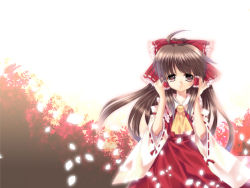 Rule 34 | 1girl, ahoge, ascot, bad id, bad pixiv id, bow, brown eyes, brown hair, collar, covering own ears, detached sleeves, dress, female focus, frilled bow, frilled shirt collar, frills, hair bow, hair tubes, hakurei reimu, japanese clothes, leaf, leaf background, long hair, looking at viewer, miko, red bow, red dress, red ribbon, ribbon, ribbon-trimmed collar, ribbon-trimmed sleeves, ribbon trim, solo, touhou, white collar, white sleeves, wide sleeves, yellow ascot