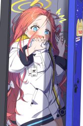 Rule 34 | 1girl, blue archive, blue eyes, blush, bow, coat, commentary request, fang, hair bow, halo, hands up, highres, leglus, locker, long hair, long sleeves, looking at viewer, open mouth, orange hair, skin fang, solo, standing, white bow, white coat, yellow halo, yuzu (blue archive)