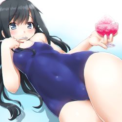 Rule 34 | 1girl, asashio (kancolle), bare arms, bare legs, bare shoulders, black hair, blue one-piece swimsuit, competition school swimsuit, covered navel, dd (ijigendd), female focus, food, holding, kantai collection, one-piece swimsuit, school swimsuit, shaved ice, simple background, solo, swimsuit, white background