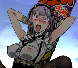 Rule 34 | 10s, 1girl, arms behind head, arms up, bdsm, black hairband, black ribbon, black skirt, blush, bondage, bound, breasts, crying, dagashi kashi, covered erect nipples, frilled sleeves, frills, hairband, high-waist skirt, highres, kurai nao, large breasts, open mouth, pantyhose, public indecency, purple hair, restrained, ribbon, rolling eyes, rope, see-through, shidare hotaru, skirt, sleeveless, solo, streaming tears, suspender skirt, suspenders, tears, tied to stake, translation request
