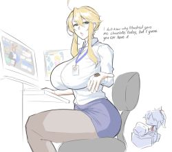 Rule 34 | 2girls, ahoge, alternate costume, amiya (arknights), arknights, artoria pendragon (fate), artoria pendragon (lancer) (fate), blonde hair, blouse, braid, breasts, chair, chocolate, collared shirt, desk, dress shirt, earrings, english text, eu03, fate/grand order, fate (series), french braid, granblue fantasy, green eyes, hair between eyes, highres, huge breasts, id card, indoors, jewelry, lanyard, mature female, miniskirt, monitor, mordred (fate), mordred (fate/apocrypha), mother and daughter, multiple girls, office chair, office lady, open mouth, outstretched hand, pantyhose, red neckwear, shirt, sidelocks, sitting, skirt, swivel chair, valentine, white shirt