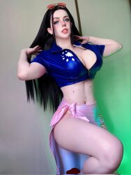 Rule 34 | 1girl, ass, black hair, blue eyes, breasts, cleavage, cosplay, glasses, highres, large breasts, legs, long hair, long legs, mature female, nico robin, one piece, photo (medium), photoshop (medium), real life, side-tie skirt, side slit, skirt, solo, sunglasses, thighs