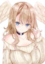 Rule 34 | 1girl, blue eyes, breasts, brown hair, choker, eunie (xenoblade), head wings, highres, large breasts, long hair, looking at viewer, nanase nao, off-shoulder sweater, off shoulder, simple background, smile, solo, sweater, white wings, wings, xenoblade chronicles (series), xenoblade chronicles 3