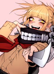 Rule 34 | 10s, 1girl, :d, bags under eyes, blonde hair, blunt bangs, blush, boku no hero academia, commentary, double bun, dutch angle, fangs, fingernails, foreshortening, hair bun, holding, holding knife, holding weapon, j.k., jacket, knife, long sleeves, looking at viewer, open mouth, pink background, red scarf, scarf, short hair, simple background, smile, solo, toga himiko, upper body, weapon, yellow eyes