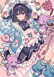Rule 34 | 1girl, :q, absurdres, amagi hana, animal ears, apron, argyle, argyle background, argyle clothes, back bow, bear ears, bear hair ornament, black dress, black hair, blue bow, blue jacket, blue nails, blush, bow, butter knife, chocolate, claw pose, commentary request, cup, doughnut, dress, fake animal ears, food, hair ornament, hands up, heart, highres, icing, jacket, layered skirt, leg warmers, letterman jacket, looking at viewer, maid headdress, nail polish, one eye closed, original, pink background, pink eyes, saucer, short hair, simple background, skirt, spoon, striped, striped bow, stuffed animal, stuffed toy, tea, teacup, teddy bear, tongue, tongue out, waist apron, white apron, white bow, white footwear, x hair ornament