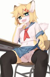 Rule 34 | 1girl, :3, :d, animal ears, black thighhighs, blonde hair, blue eyes, blush, borrowed character, chair, cleft of venus, clothes lift, cropped shirt, desk, fang, flashing, fox ears, fox tail, furry, furry female, hair ornament, hairclip, head rest, heart, heart-shaped pupils, looking at viewer, medium hair, midriff, miniskirt, navel, neckerchief, no panties, open mouth, original, pleated skirt, pussy, red neckerchief, school chair, school desk, school uniform, serafuku, shirt, simple background, sitting, skirt, skirt lift, smile, solo, spread legs, symbol-shaped pupils, tail, tail raised, thighhighs, uncensored, underwear, white background, white shirt, yoako