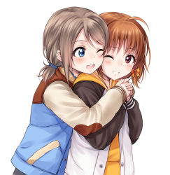 Rule 34 | 10s, 2girls, ;d, blue eyes, blush, brown hair, casual, cheek-to-cheek, grin, hair ribbon, heads together, hug, hug from behind, jacket, looking at another, love live!, love live! school idol project, love live! sunshine!!, multiple girls, one eye closed, open mouth, orange hair, red eyes, ribbon, short hair, short twintails, smile, suzushiro yukari, takami chika, twintails, watanabe you, yuri