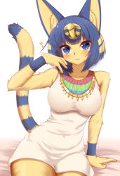 Rule 34 | 1girl, :3, animal crossing, animal ears, animal nose, ankha (animal crossing), arm support, bare shoulders, bed sheet, blonde hair, blue eyes, blunt bangs, blush, bob cut, body fur, breasts, cat ears, cat girl, cat tail, closed mouth, collarbone, covered navel, cowboy shot, dress, egyptian, fang, fang out, female focus, furry, furry female, hair ornament, hand up, happy, highres, horokusa (korai), large breasts, leaning to the side, looking at viewer, matching hair/eyes, multicolored hair, nintendo, short hair, sidelocks, simple background, sitting, sleeveless, sleeveless dress, smile, snake hair ornament, solo, sparkle, striped tail, tail, two-tone hair, white background, white dress, wristband, yellow fur