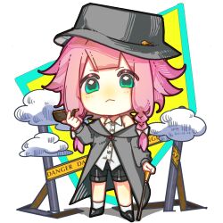Rule 34 | 1girl, :&lt;, arknights, artist name, bare shoulders, black headwear, black shorts, bow, braid, cane, caution tape, chibi, coat, dated, green eyes, hair bow, highres, holding, holding cane, holding smoking pipe, may (arknights), off-shoulder coat, off shoulder, pink hair, rryy, shirt, short hair with long locks, shorts, sleeveless, sleeveless shirt, smoking pipe, solo, trench coat, twin braids, white bow, white shirt