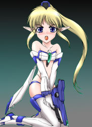 Rule 34 | 1girl, bare shoulders, bikini, blonde hair, blue eyes, blush, boots, crying, crying with eyes open, elbow gloves, flat chest, gloves, gun, handgun, highleg, highleg bikini, highleg swimsuit, long hair, mecha musume, mochizuki kazuto, open mouth, personification, pointy ears, ponytail, rvr-01 gauntlet, solo, swimsuit, tears, thigh boots, thighhighs, thunder force, v arms, weapon, white bikini, white gloves, white thighhighs