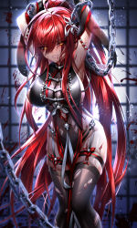 Rule 34 | 1girl, arms up, been, black gloves, black panties, black thighhighs, blood, blood splatter, blurry, blurry foreground, breasts, chain, clenched teeth, elbow gloves, elesis (elsword), elsword, floating hair, garter straps, gloves, hair between eyes, high ponytail, highres, large breasts, long hair, looking at viewer, panties, red hair, restrained, sideboob, solo, standing, teeth, thighhighs, torn clothes, torn thighhighs, underwear, v-shaped eyebrows, very long hair, yellow eyes