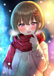 Rule 34 | 1girl, :d, bad id, bad pixiv id, blurry, blurry background, blush, breath, brown hair, brown sweater, depth of field, fringe trim, hair between eyes, hand up, highres, jacket, kubong, long sleeves, looking at viewer, low twintails, open clothes, open jacket, open mouth, original, pink eyes, pink jacket, plaid, plaid scarf, red scarf, scarf, sleeves past wrists, smile, solo, sweater, twintails