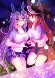 Rule 34 | 2girls, ahoge, animal ears, blue eyes, brown hair, commentary, english commentary, floral print, gaze on me! outfit (umamusume), grey hair, hairband, heart, heart hands, highres, holding hands, horse ears, horse girl, horse tail, long hair, looking at viewer, midriff, mimoe, multicolored hair, multiple girls, official alternate costume, oguri cap (umamusume), partially submerged, purple eyes, scrunchie, shirt, short sleeves, shorts, smile, streaked hair, symboli rudolf (umamusume), tail, tied shirt, umamusume, white hair, white shirt, wrist scrunchie