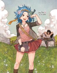 Rule 34 | 1boy, 1girl, 2018, :d, armpits, arms behind head, bird, bird on hand, black hair, blue hair, boots, borrowed clothes, breasts, brown footwear, brown hairband, brown jacket, brown pants, cat, cleavage, cloud, collarbone, dated, day, fairy tail, flower, gajeel redfox, grey shirt, hair flower, hair ornament, hairband, holding, jacket, jewelry, levy mcgarden, long hair, medium breasts, miniskirt, necklace, open clothes, open jacket, open mouth, outdoors, pantherlily, pants, pink shirt, pleated skirt, red skirt, rusky, shirt, skirt, sleeveless, sleeveless shirt, smile, spiked hair, very long hair, white flower