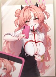 Rule 34 | 1girl, black horns, black skirt, blue archive, blush, breasts, cellphone, demon horns, greenteamousou, grin, highres, horns, kirara (blue archive), large breasts, long hair, looking at viewer, phone, pink hair, red eyes, shirt, skirt, smartphone, smile, solo, white shirt