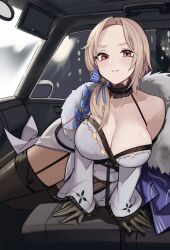 Rule 34 | 1girl, anizi, arm support, black choker, black gloves, black thighhighs, blonde hair, breasts, car interior, choker, cleavage, frilled choker, frills, fur-trimmed kimono, fur trim, garter straps, gloves, goddess of victory: nikke, highres, japanese clothes, kimono, large breasts, long hair, long sleeves, looking at viewer, low ponytail, ludmilla (nikke), ludmilla (winter owner) (nikke), official alternate costume, parted bangs, parted lips, red eyes, solo, thighhighs, white kimono