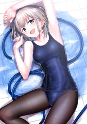 Rule 34 | 1girl, :d, absurdres, arm above head, armpits, bare shoulders, black pantyhose, blue eyes, blue one-piece swimsuit, blush, breasts, collarbone, covered navel, grey hair, highres, hose, huge filesize, idolmaster, idolmaster shiny colors, lying, on back, one-piece swimsuit, open mouth, pantyhose, pantyhose under swimsuit, school swimsuit, serizawa asahi, short hair, small breasts, smile, solo, swimsuit, thighs, tiles, ulrich (tagaragakuin), water