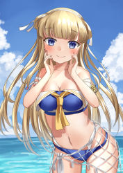 Rule 34 | 1girl, bare shoulders, bikini, blonde hair, blue sky, blush, breasts, cargo net, cleavage, cloud, cloudy sky, collarbone, cowboy shot, double bun, fletcher (kancolle), fletcher mk ii (kancolle), hair bun, kantai collection, large breasts, long hair, looking at viewer, mayura (lucadia), neckerchief, ocean, official alternate costume, open mouth, outdoors, purple eyes, sky, smile, solo, swimsuit, water, yellow neckerchief