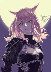 Rule 34 | 1girl, absurdres, animal ears, armor, breasts, cat ears, closed mouth, commentary, dated, facial mark, final fantasy, final fantasy xiv, green eyes, highres, iris@work, lipstick, long hair, looking at viewer, makeup, miqo&#039;te, signature, smile, solo, warrior of light (ff14)