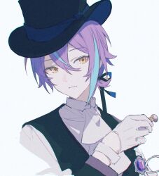 Rule 34 | 1boy, asymmetrical bangs, closed mouth, colored eyelashes, commentary request, gloves, hair between eyes, hat, holding, jewelry, kamishiro rui, kino kazumi, long sleeves, male focus, multicolored hair, project sekai, purple hair, short hair, simple background, solo, streaked hair, top hat, white background, white gloves, yellow eyes
