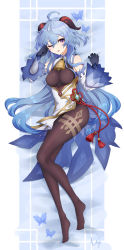 Rule 34 | ahoge, bare shoulders, bell, black gloves, black legwear, blue hair, blush, breasts, bug, butterfly, chinese knot, dakimakura (medium), detached sleeves, flower knot, ganyu (genshin impact), genshin impact, gloves, gold trim, highres, horns, insect, long hair, looking at viewer, lying, medium breasts, neck bell, no shoes, on back, one eye closed, open mouth, purple eyes, sidelocks, signature, solo, syuya 2, tassel, thighlet, very long hair, vision (genshin impact), white sleeves