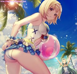 Rule 34 | 2girls, arms up, ass, ball, bare shoulders, beachball, blonde hair, blue sky, blush, brown eyes, cloud, commentary, day, djeeta (granblue fantasy), djeeta (summer) (granblue fantasy), dutch angle, eustace-flamek, closed eyes, granblue fantasy, hairband, highres, holding, long hair, looking at viewer, lyria (granblue fantasy), multiple girls, one-piece swimsuit, outdoors, palm tree, short hair, sky, smile, sunlight, swimsuit, tree, twitter username