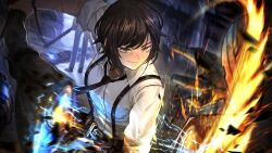 Rule 34 | 2girls, 2others, belt, black belt, black necktie, black pants, brown eyes, brown hair, closed mouth, collared shirt, dress shirt, game cg, highres, holding, holding weapon, light smile, limbus company, multiple girls, multiple others, nai ga, necktie, official art, outis (project moon), pants, project moon, ryoshu (project moon), shirt, short hair, solo focus, standing, suspenders, weapon, white shirt, wing collar