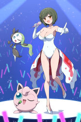 Rule 34 | 1girl, absurdres, armpit crease, armpits, audience, bare legs, bare shoulders, black hair, black skin, blue eyes, blush, bob cut, body blush, breasts, brooch, brown eyes, cleavage, colored skin, commission, concert, cosplay, covered navel, creatures (company), crossover, crowd, earpiece, eggman (pixiv28975023), elbow gloves, forehead jewel, frills, full body, game freak, gem, gen 1 pokemon, gen 5 pokemon, gloves, glowstick, goldeen, goldeen (cosplay), green gemstone, green hair, groin, high heels, highres, holding, holding microphone, idol, idol clothes, indoors, jewelry, jigglypuff, large breasts, legendary pokemon, leotard, looking at viewer, mai (senran kagura), meloetta, meloetta (aria), microphone, misty (pokemon), misty (pokemon) (cosplay), multicolored skin, music, musical note, mythical pokemon, nintendo, one eye closed, open mouth, pointing, pointing at viewer, pokemon, pokemon (anime), pokemon (classic anime), pokemon (creature), pokemon ep043, senran kagura, senran kagura new wave, shiny skin, short hair, showgirl skirt, singing, skeb commission, smile, sparkle, stage, stage lights, standing, standing on one leg, swept bangs, tongue, two-tone skin, white footwear, white gloves, white leotard, white skin