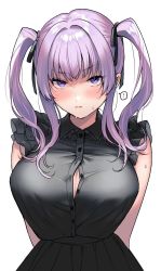 Rule 34 | !, 1girl, arms behind back, black shirt, black skirt, blush, breasts, button gap, cleavage, frilled shirt, frills, frown, hair intakes, hair ribbon, high-waist skirt, highres, large breasts, looking at viewer, original, purple eyes, purple hair, ribbon, ro torobo, shirt, simple background, skirt, sleeveless, sleeveless shirt, solo, speech bubble, spoken exclamation mark, staring, sweat, twintails, v-shaped eyebrows, white background