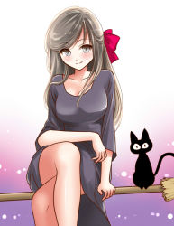 Rule 34 | 1980s (style), 1girl, aged up, animal, bad id, bad pixiv id, black cat, black hair, blush, bow, breasts, broom, broom riding, brown hair, cat, closed mouth, crossed legs, dress, eyebrows, gradient background, grey eyes, hair bow, half updo, jiji (majo no takkyuubin), kiki (majo no takkyuubin), kurage1, large breasts, long hair, looking at viewer, majo no takkyuubin, oldschool, red bow, retro artstyle, sidesaddle, sitting, sleeves past elbows, smile, studio ghibli, swept bangs, witch