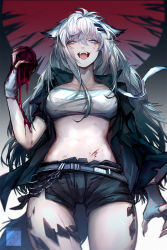 Rule 34 | 1girl, animal ears, arknights, artist name, asa moi, bandeau, belt, blood, blue eyes, chinese commentary, cowboy shot, ears down, fingerless gloves, fingernails, gloves, grey hair, hair ornament, hairclip, heart, heart (organ), highres, holding, holding heart, jacket, lappland (arknights), long hair, long sleeves, material growth, midriff, open clothes, open jacket, open mouth, oripathy lesion (arknights), scar, scar across eye, scar on face, sharp fingernails, short shorts, shorts, solo, tail, thigh gap, twitter username, wolf ears, wolf girl, wolf tail