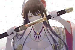 Rule 34 | 1girl, azur lane, bad id, bad pixiv id, black hair, breasts, cleavage, cleavage cutout, clothing cutout, commentary request, covered mouth, flower, fucodoku, hair flower, hair ornament, hiei (azur lane), holding, holding sword, holding weapon, horns, katana, long hair, looking at viewer, medium breasts, petals, sheath, simple background, solo, sword, twitter username, unsheathing, upper body, weapon, white background, yellow eyes