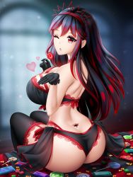 Rule 34 | 1girl, artist request, ass, back tattoo, bare shoulders, black hair, bra, breasts, butt crack, candy, come hither, food, from behind, gloves, gradient hair, hairband, heart, huge breasts, lollipop, long hair, looking at viewer, multicolored hair, original, panties, red eyes, red hair, sideboob, sitting, solo, tattoo, thighhighs, tramp stamp, underwear, very long hair