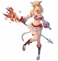 Rule 34 | 1girl, animal ears, blonde hair, breasts, brown eyes, cat ears, cat tail, choker, cleavage, crop top, detached sleeves, final fantasy, final fantasy xiv, highres, khj, large breasts, long hair, midriff, miniskirt, miqo&#039;te, navel, ribbon, sandals, skirt, staff, tail, thighhighs, thighs, warrior of light (ff14)