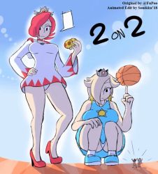 Rule 34 | ..., 4girls, animated, animated gif, basketball, blinking, blonde hair, blue background, brooch, choker, crown, earrings, fupoo, hair over one eye, hand on own hip, high heels, index finger raised, jewelry, mario (series), mario basketball 3on3, multiple girls, mushroom, nintendo, panties, pink hair, princess daisy, princess peach, rosalina, size difference, square enix, squatting, super mario galaxy, third-party edit, underwear, upskirt, white mage (final fantasy)