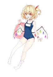 Rule 34 | 1girl, asymmetrical legwear, bad id, bad pixiv id, blonde hair, bracelet, choker, cross, cross necklace, crystal, fang, flandre scarlet, full body, hair ribbon, highres, innertube, jewelry, looking at viewer, necklace, one-piece swimsuit, open mouth, red eyes, ribbon, saple, school swimsuit, short hair, side ponytail, simple background, single sock, single thighhigh, smile, socks, solo, swim ring, swimsuit, thighhighs, touhou, transparent background, uneven legwear, white background, white socks, wings