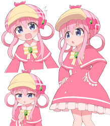 Rule 34 | 1girl, blue eyes, blush, bow, bowtie, brooch, cabbie hat, capelet, dress, frilled dress, frills, hair rings, hat, highres, jewelry, looking at viewer, looking to the side, multiple views, open mouth, pink bow, pink capelet, pink dress, pink hair, psnt 8010, sherlock shellingford, sidelocks, simple background, surprised, tantei opera milky holmes, white background