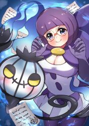 Rule 34 | 1girl, absurdres, alternate color, blunt bangs, bob cut, bow, breasts, buttons, chandelure, cleavage, collar, collarbone, creatures (company), dress, elbow gloves, game freak, gen 5 pokemon, ghost, glasses, gloves, highres, large bow, large breasts, lop shauntal2, nintendo, official alternate costume, pantyhose, pokemon, pokemon (creature), pokemon masters ex, purple gloves, purple hair, purple pantyhose, rimless eyewear, round eyewear, shauntal (pokemon), short sleeves, white dress