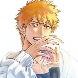 Rule 34 | 1boy, alcohol, black shirt, bleach, brown eyes, cardigan, collarbone, cup, drinking glass, highres, holding, holding cup, kurosaki ichigo, long sleeves, looking at viewer, male focus, open mouth, orange hair, shirt, short hair, solo, spiked hair, teeth, ten0u0, upper teeth only, whiskey, white background, white cardigan
