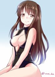 Rule 34 | 10s, 1girl, akagi (kancolle), bare shoulders, blush, breasts, brown eyes, brown hair, cleavage, cleavage cutout, clothing cutout, female focus, front zipper swimsuit, izumi akane, kantai collection, large breasts, long hair, looking at viewer, meme attire, one-piece swimsuit, sitting, smile, solo, swimsuit