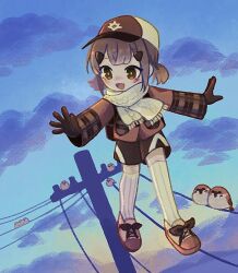 1girl :d animal baseball_cap bird blue_sky blush bright_pupils brown_bird brown_eyes brown_footwear brown_gloves brown_hair brown_hat brown_jacket brown_shorts commentary_request creature_and_personification eurasian_tree_sparrow full_body gloves hair_ornament hat highres jacket long_sleeves looking_to_the_side medium_hair morning nose_blush open_mouth original outdoors outstretched_arms perching personification piyoko9494 pocket power_lines ribbed_thighhighs scarf shoes short_twintails shorts sky smile solo sparrow spread_arms thighhighs twintails utility_pole white_pupils white_scarf white_thighhighs