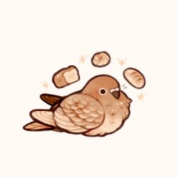 Rule 34 | animal, animal focus, artist name, bird, bread, brown feathers, chibi, feathers, food, no humans, original, pigeon, simple background, sparkle, spicymochi, watermark, white background