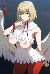 Rule 34 | 1girl, blonde hair, blush, breast cutout, breasts, breasts out, cameltoe, cleft of venus, dungeon meshi, falin touden, falin touden (chimera), feathered wings, feathers, hair around ear, highres, joy ride, large breasts, looking at viewer, monster girl, nipples, open mouth, pants, red pants, shirt, short hair, skin tight, sleeveless, sleeveless shirt, solo, white feathers, white shirt, wings, yellow eyes