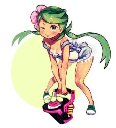 Rule 34 | 1girl, :p, ;p, ^ ^, apron, bare arms, bare legs, bent over, blush, bounsweet, breasts, bucket, cleavage, closed eyes, collarbone, creatures (company), dark-skinned female, dark skin, flower, flower on head, game freak, gen 7 pokemon, green eyes, green hair, hair flower, hair ornament, holding, holding bucket, leaning forward, legs apart, looking at viewer, mallow (pokemon), naked apron, nintendo, nitronic, one eye closed, overalls, pokemon, pokemon (creature), pokemon sm, ribbon, simple background, small breasts, smile, splatoon (series), splatoon 1, strap slip, swept bangs, tan, tanline, tongue, tongue out, trial captain, twintails, white background